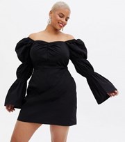 New Look Curves Black Poplin Puff Sleeve Bardot Mini Dress